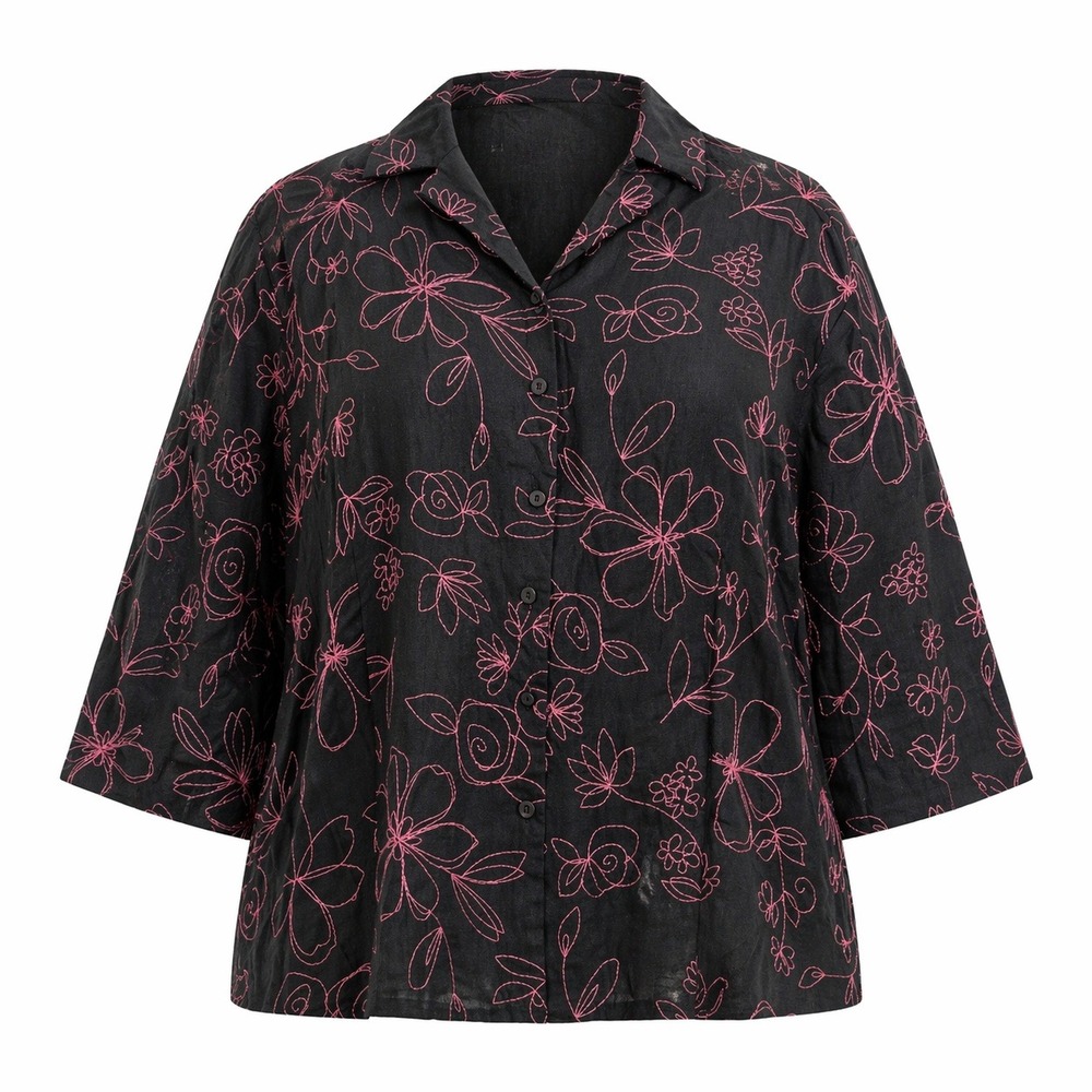 Silkland Woman Black Pink Floral Embroidered Linen Button Down Shirt Top Size 2X
